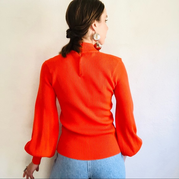 🔥SOLD🔥60s VTG Bright Orange Rib Knit Puff Long Sleeve Mock Turtleneck Shirt - Picture 4 of 8